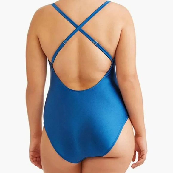 No Boundaries Juniors' Plus Size Rib Zip Front One Piece Swimsuit Royal Blue - Picture 15 of 16